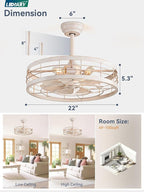 LEDIARY 22 inch Caged Ceiling Fan with Light, Bladeless Industrial Ceiling Fan with Remote, Farmhouse Fan Lights Ceiling Fixtures for Kitchen, Bedroom, Outdoor（6 Speed, Timing）-White and Gold