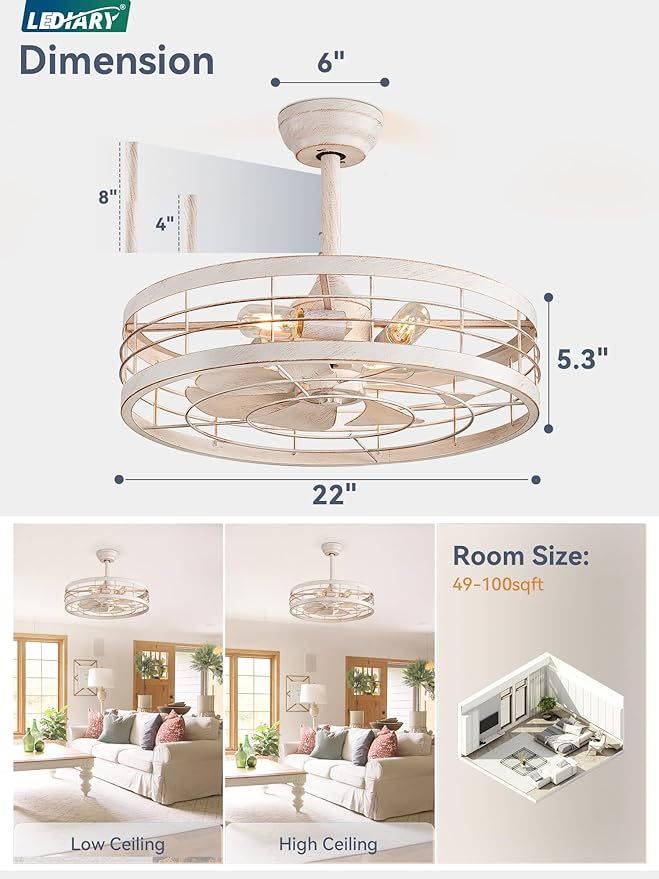 LEDIARY 22 inch Caged Ceiling Fan with Light, Bladeless Industrial Ceiling Fan with Remote, Farmhouse Fan Lights Ceiling Fixtures for Kitchen, Bedroom, Outdoor（6 Speed, Timing）-White and Gold