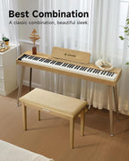 Donner Duet Piano Bench with Storage, Solid Wooden Keyboard Bench Piano Bookcase Stool Chair Seat with High-Density Sponges Padded Cushion, Beige