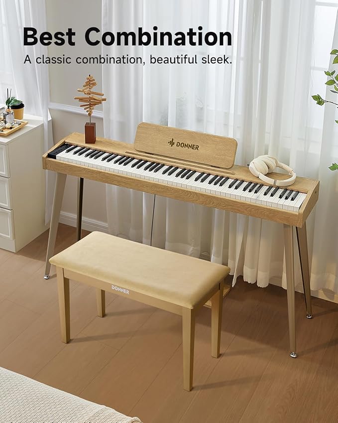 Donner Duet Piano Bench with Storage, Solid Wooden Keyboard Bench Piano Bookcase Stool Chair Seat with High-Density Sponges Padded Cushion, Beige