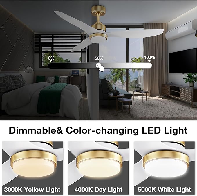 52 Inch Smart Ceiling Fans with Lights and Remote,Dimmable LED Light,Outdoor Indoor Gold White Ceiling Fan,Quiet DC Motor,High CFM 6 Speed,WIFI Alexa App Workable,for Bedroom Living Room Patio