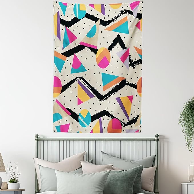 Ambesonne Indie Tapestry Queen Size, Eighties Memphis Fashion Style Geometric Abstract Colorful Design Dots Funky, Wall Hanging Bedspread Bed Cover Wall Decor, 88" X 88", Cream Pink