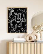 Y2K BOO Abstract Face Pattern UNFRAMED Wall Art Black Background White Continuous Line Drawing 12x16 Inch Heavyweight Paper Studio Home Decor Print