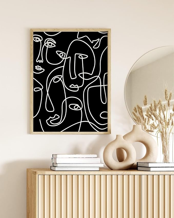 Abstract Face Pattern Wall Art Black Background White Continuous Line Drawing 12x16 Inch Oak Wood Beige Framed Modern Diverse Portrait for Living Room Decor
