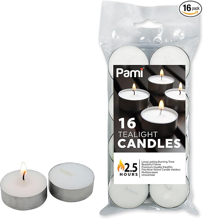 PAMI Premium Long-Lasting Tealight Candles [16-Piece Bag] - with 2.5 Hours Burning Time- Paraffin Tealights with Beautiful Flame- Round Candles Perfect for Votive Candle Holders