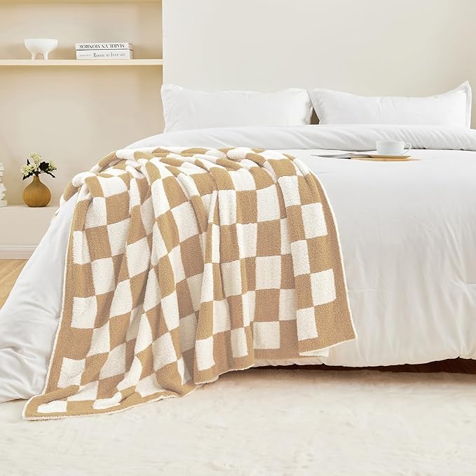 CozeCube Super Soft Fullfy Microfiber Reversible Knitted Blankets, Warm Cozy Fuzzy Plush Throw, Beige and White Checkered Throw Blanket for Couch Bed Sofa, 50" x 60"