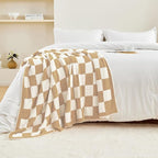 CozeCube Super Soft Fullfy Microfiber Reversible Knitted Blankets, Warm Cozy Fuzzy Plush Throw, Beige and White Checkered Throw Blanket for Couch Bed Sofa, 60" x 80"
