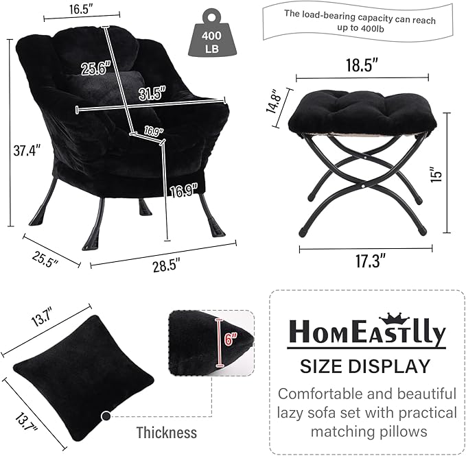 Lazy Chair with Ottoman, Large Black Lounge Accent Chair with Ottoman and FA Throw Pillow, Comfy Plush Reading Chair for Living Room Bedroom Dorm Room Office Apartment Relaxing Use