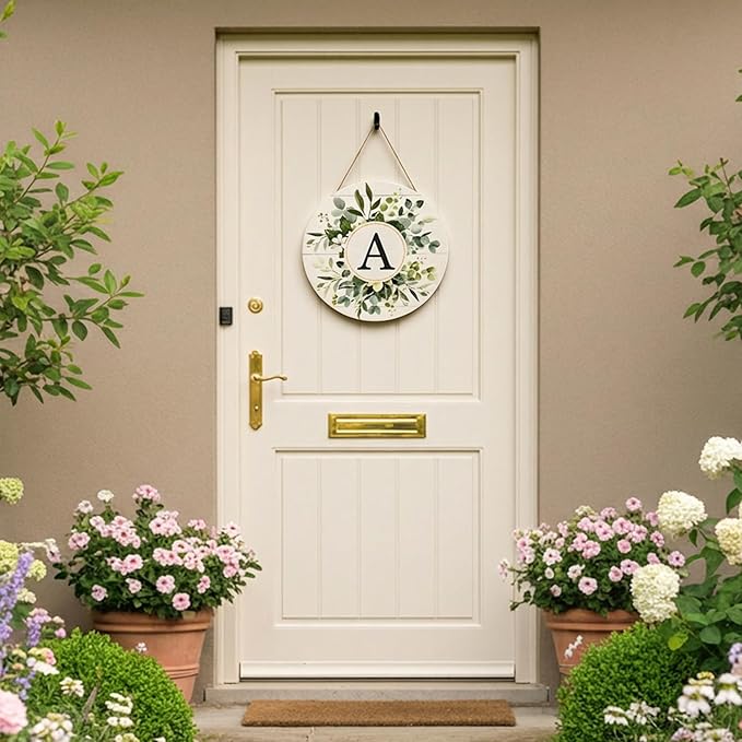 Smile Monogram Letter A Wreaths Wooden Welcome Sign, Family Last Name Initial Front Door Wall Decoration, Floral Spring Summer Porch Rustic Home Kitchen Decor