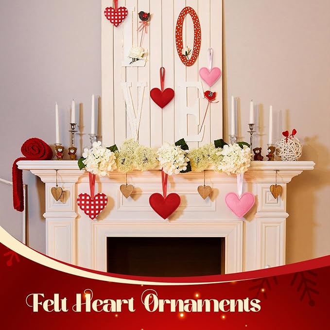 Syhood 12 Pcs Valentine's Day Felt Heart Ornaments Hanging Tree Decor for Wedding, Anniversary, Christmas Party Supplies, Winter Home Decorations(Pink and Red,Classic Style)
