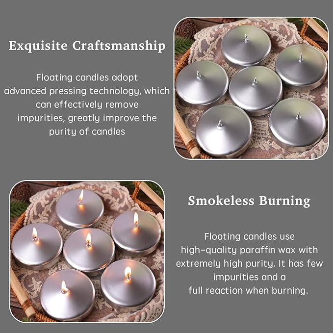 3 inch Floating Candles 8-9 Hours Silver Floating Candle for Centerpieces 30 Packs Unscented Floating Candles 3” Water Candles for Cylinder Vases, Pool, Wedding