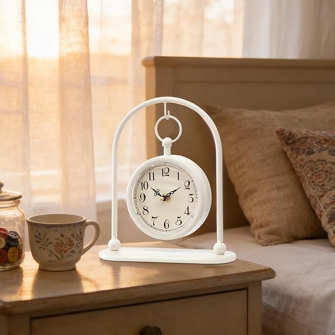 Vintage Small Table Clock, Farmhouse Table Clock, Silent Non-Ticking Battery Operated Desk and Shelf Clocks for Living Room Bedroom Kitchen Home Decor-Cream