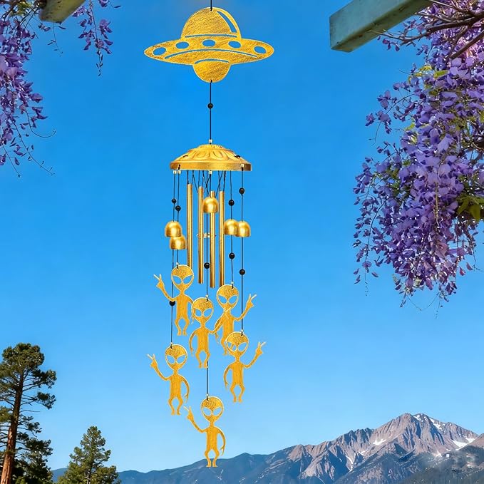 Alien Wind Chimes for Outside - Aliens UFO Windchimes Gifts for Men/Women/Dad/Grandpa Birthday Gift Memorial Gift Metal Wind Chime for Outdoor/Indoors Home, Porch, Yard Decor, Garden Decorations