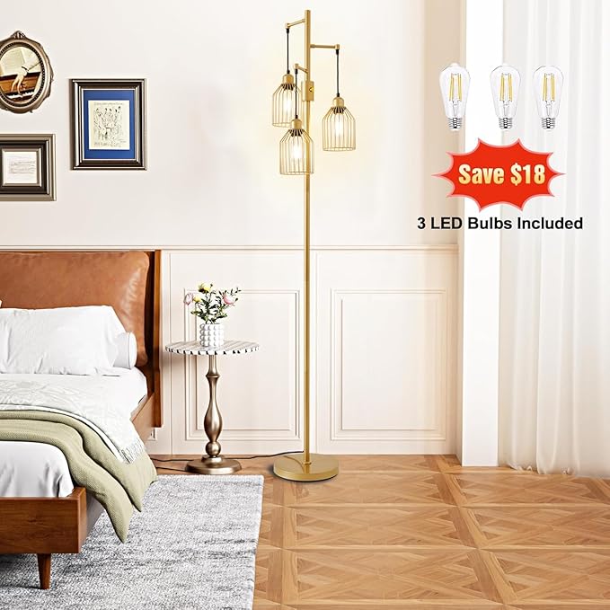 Dimmable Floor Lamp for Living Room, Farmhouse Floor Lamps with Elegant Hanging Cage, 3 x LED Edison Bulbs Included, 68.5" Industrial Standing Light for Bedroom Office Home Decor (Gold)