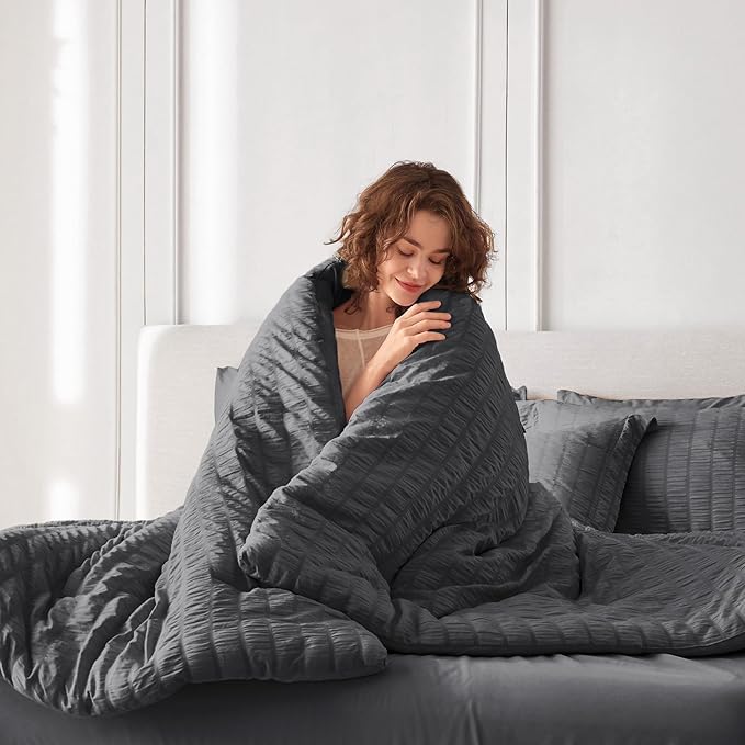MUXHOMO 5 Pieces Twin XL Comforter Set, Seersucker Bed in a Bag Twin XL Size, All Season Luxury Bedding Set with Comforter, Flat Sheet, Fitted Sheet, Pillowcase & Sham, Dark Grey
