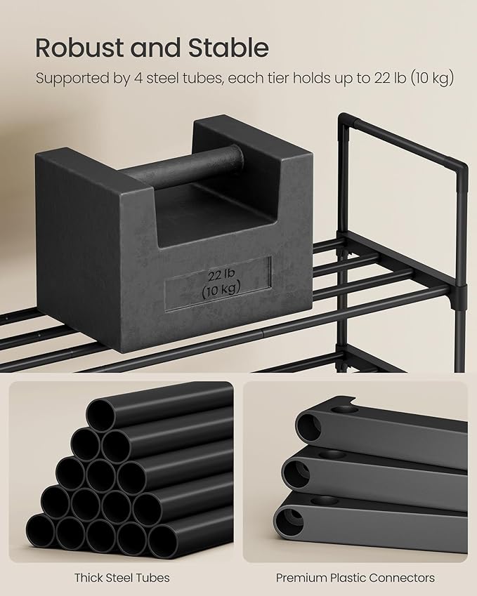 SONGMICS Shoe Rack, 10-Tier Shoe Organizer, Metal Storage Shelf, Upright or Upside Down, for 44-55 Pairs, for Entryway, 11.8 x 36.2 x 68.1 Inches, Black ULSA011B01