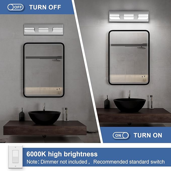 Modern LED Small Bathroom Lights Fixtures(3-Light),Stainless Steel Chrome Acrylic Wall Lighting,Vanity Lights for Bathroom Over Mirror(6000K 16in)