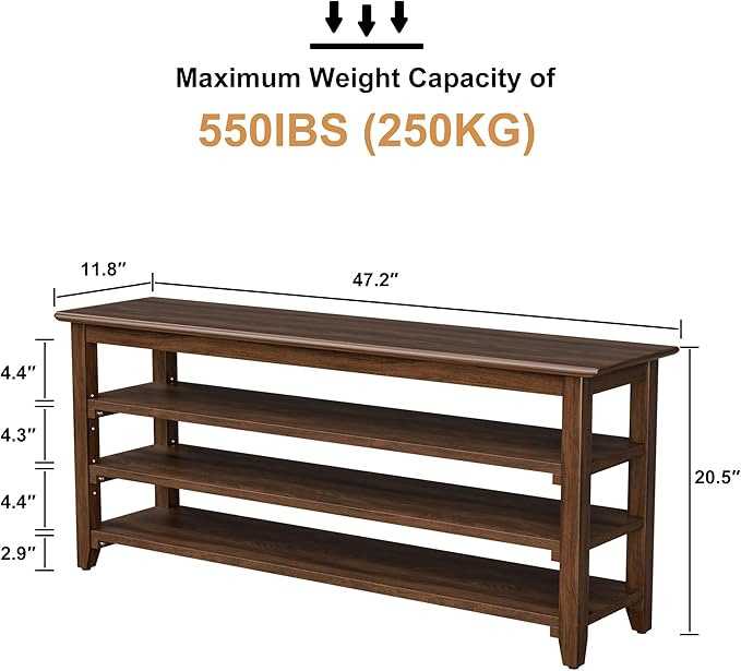 Shoe Rack Bench, 4-Tier Shoe Shelf Organizer, 47.2" Entryway Storage Bench for Hallway, Bedroom, Living Room, Bedroom, Hold up to 550 lbs, Solid Wood, Dark Brown