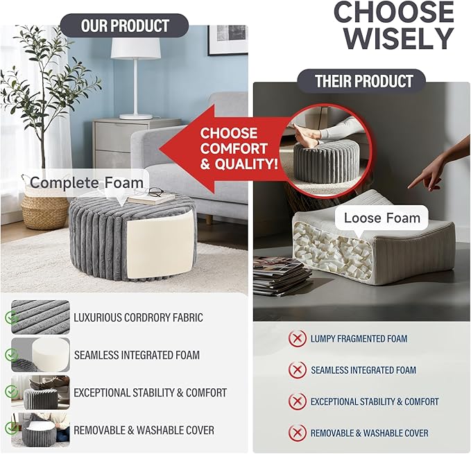 Tiita Round Stuffed Pouf Ottoman, Stripe Faux Fur Poufs with Foam Chunk Filling, Furry and Fluffy Pouf 21×21×12 inch Foot Stool Storage Ottoman,Puff Office Foot Rest for Couch Living Room, Grey