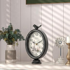 Vintage Table Clock with Bird, Desk and Shelf Decor Clock, French Paris Style, Antique Black Metal Mantel Clocks for Living Room, Farmhouse, Bedroom, Bedside, Gift (10" H x 5.9" W)