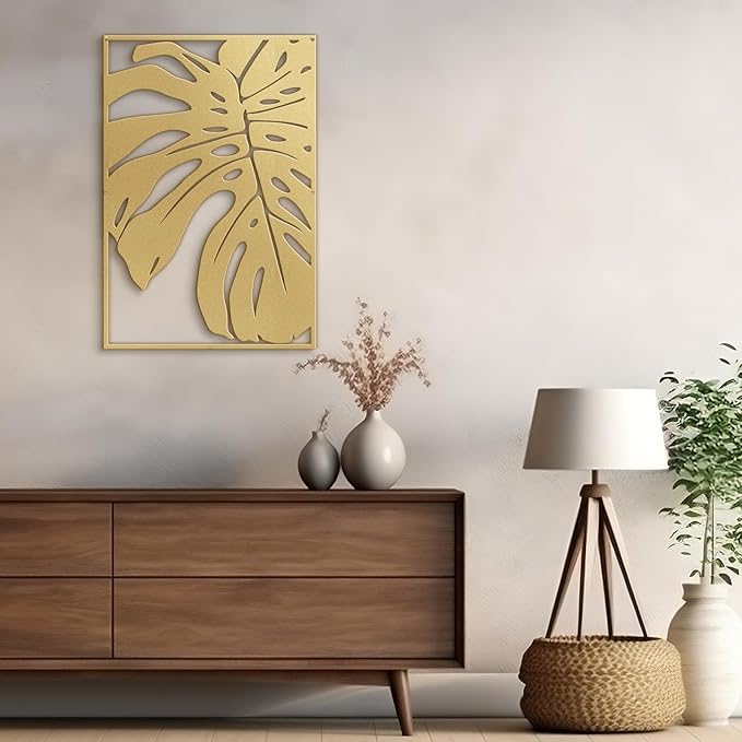 SIGNLEADER Metal Wall Art Decor Monstera Leaf Minimalist Modern Abstract Wall Sculpture Hangings Home Decoration for Living Room, Bedroom, Bathroom, Kitchen, Outdoor - 30" Gold