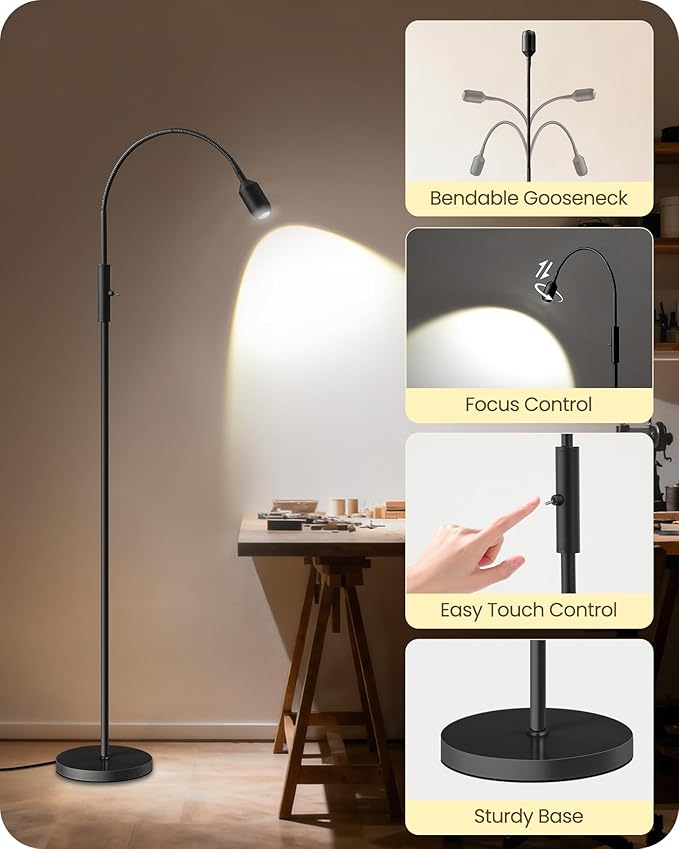 Reading Floor Lamp, 74.2" Tall LED Lamp with, 360° Flexible Gooseneck & Touch Control, 5000K 6W LED, Sturdy Base, Crafts Standing Lamp, for Reading, Living Room, Matte Black B16LD05