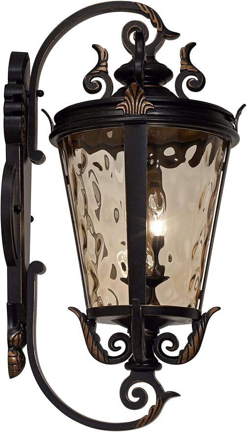 John Timberland Casa Marseille European Outdoor Wall Fixture Veranda Bronze Brown Ornate Scroll 36" Champagne Hammered Glass for Exterior House Porch Patio Outside Deck Garage Front Door Home