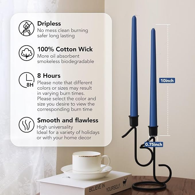 New Burning Formula Unscented Dripless 10-Inch Taper Candles Set of 12 - Dark Blue, for Wedding, Dinner - Smokeless, Long Burning - Hand Poured, Colored Tall Candlesticks - Azul Oscuro