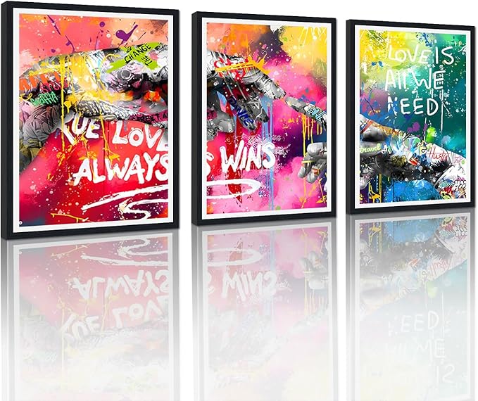 Novatique Banksy Canvas Wall Art Graffiti Street Print Pictures Hand Heart Pop Art Posters Hand Of God Graffiti Art Painting Framed for Living Room Bedroom,12" x 16" x 3Pcs