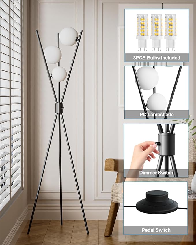 Lightdot 60IN Dimmable Black Tripod Floor Lamp Mid Century Standing Lamps with 3Pcs 3000K Bulbs Included Globe Eye Care&Stable Base Modern Tall Lamp for Living Room/Bedroom/Sofa Beside/Corner Decor