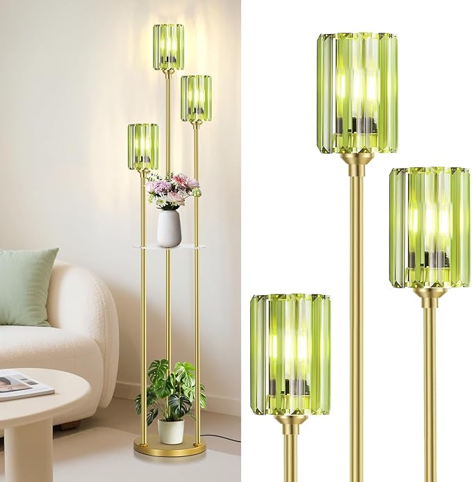 Gold Floor Lamps for Living Room, Modern Floor Lamp with Shelves, Mid Century Crystal Standing Lamps with Table, Brass Tall Lamp with Crystal Shade Vintage Retro Corner Floor Lamp for Bedroom, Green