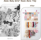 Bow Holder Organizer for Girls Hair Bows, 30x15in Large Headband Holder w/ 8 Ribbons & 20 Plastic Hooks, Wall Hanging Jewerly Clip Hair Accessories Organizer Storage for Baby Toddler(Beige)