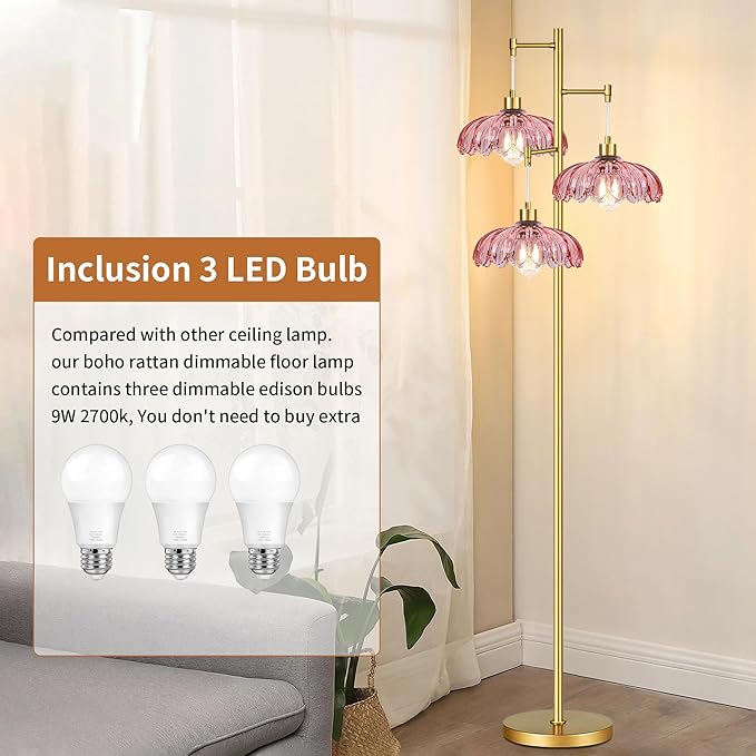 Gold Floor Lamp for Living Room,Modern Floor Lamps with Unique Pink Glass Shades,3 Lights Mid Century Tall Standing Lamp,Vintage Tree Flower Floor Lamp for Bedroom Corner Office Reading