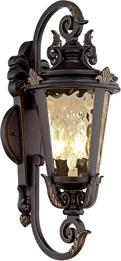 John Timberland Marseille Rustic Industrial Outdoor Wall Light Fixture Veranda Bronze Scroll 21 1/2" Champagne Hammered Glass for Exterior House Porch Patio Outside Deck Garage Front Door Home