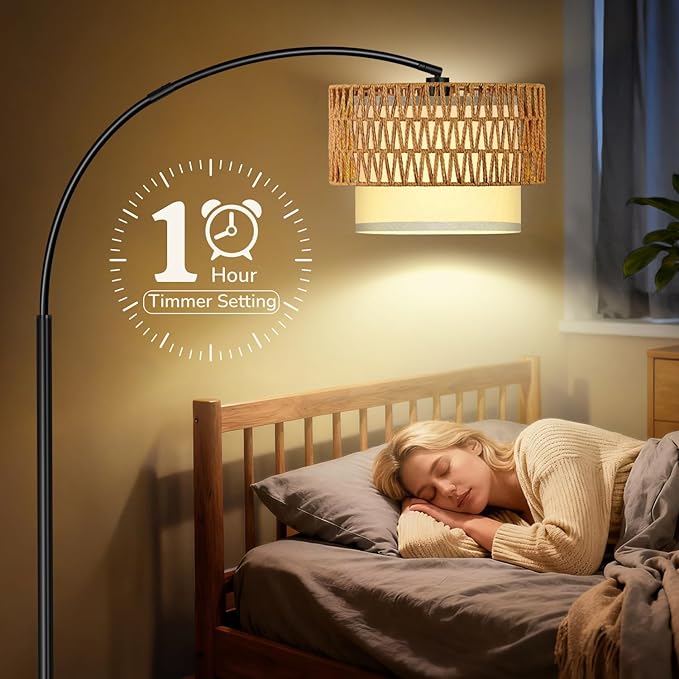 Arc Floor Lamp for Living Room, Rattan Boho Floor Lamp with Remote Control, Black Standing Lamp with 3 Color Temperatures & Dimmable LED Bulb, Tall Lamp for Bedroom, Over Couch Arched Reading Light