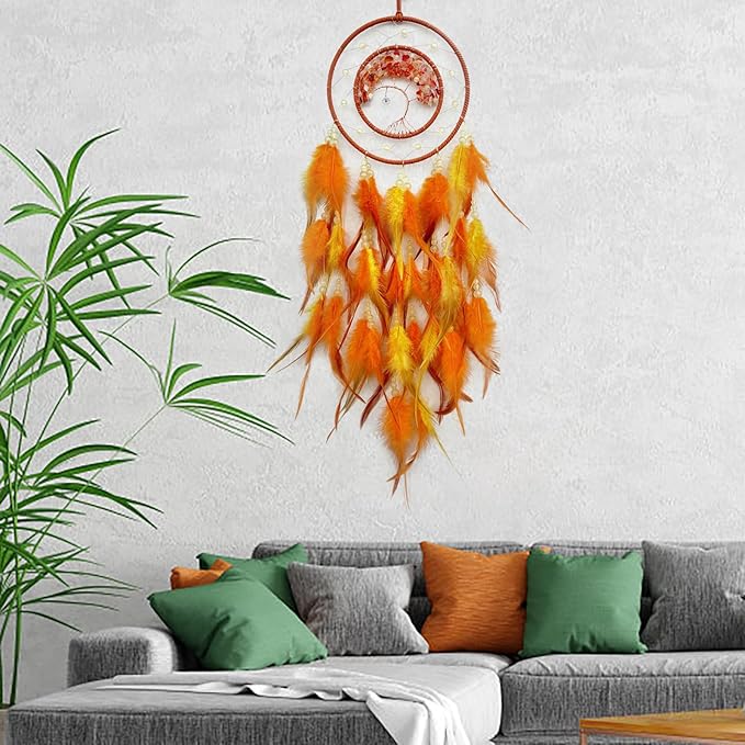 Orange Dream Catcher Wall Decor Crystal Tree of Life Dream Catchers with Luminous Bead Handmade Feather Dreamcatcher Wall Hanging Ornament for Bedroom Living Room Home Decor