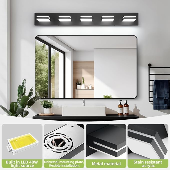 OKELI 5-Light Bathroom Vanity Light Black Modern LED Vanity Light Over Mirror Dimmable Mirror Front Lamp with 350° Adjustable Lamp Head ETL Listed 36W 6000K Cold White