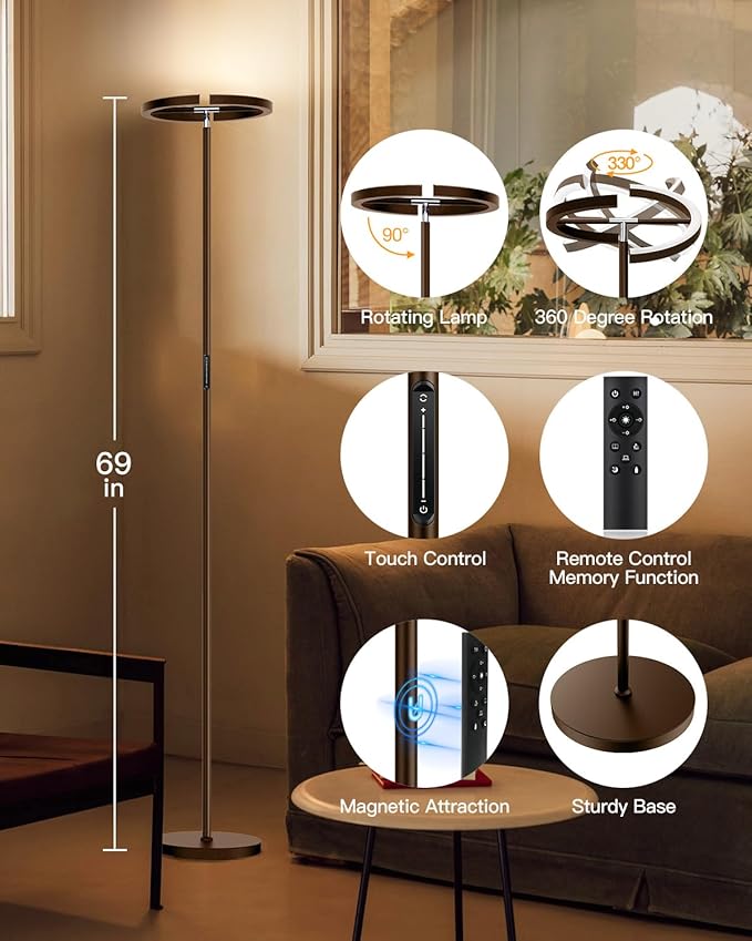 Brown Floor Lamp, Modern Stepless Dimmable Standing Lamp with Remote Control, 22W 3000-6000K LED Rotatable Floor Light Uplighter Stand up Lamp Tall Lamp for Living Room Bedroom Office