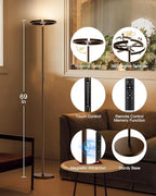 Brown Floor Lamp, Modern Stepless Dimmable Standing Lamp with Remote Control, 22W 3000-6000K LED Rotatable Floor Light Uplighter Stand up Lamp Tall Lamp for Living Room Bedroom Office