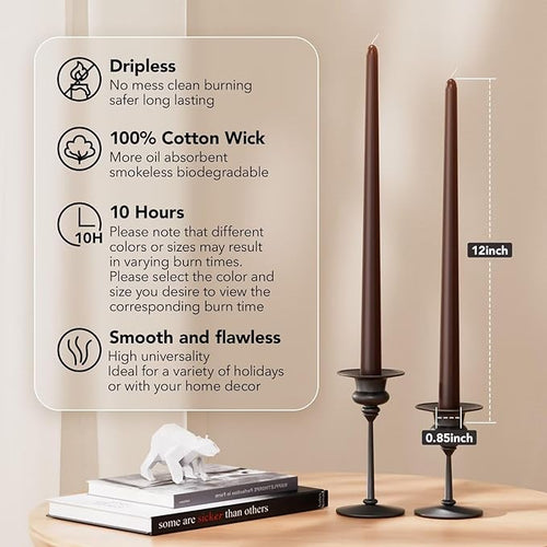 12-Inch Tall Dripless Taper Candles Set of 4 - Cocoa Brown Tapered Candles, Perfect for Spring - Smokeless, Unscented, Long Burning - Hand Poured, Colored Tall Candlesticks - Chocolates