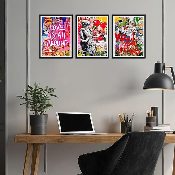 Novatique Graffiti Canvas Wall Art Colorful Banksy Wall Art Street Graffiti Print Wall Decor Framed for Living Room Bedroom,12" x 16" x 3Pcs