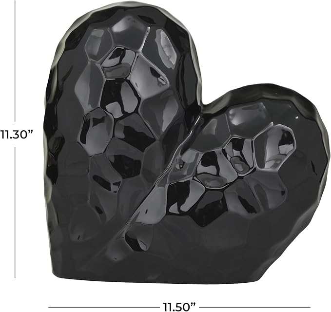 Deco 79 Porcelain Ceramic Heart Decorative Sculpture Dimensional Angled Origami Inspired Home Decor Statue, Accent Figurine 12" x 6" x 11", Black