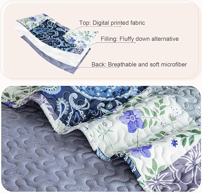 Whale Flotilla Patchwork Quilt King Size, Soft Boho Floral Bedspreads for Bed Reversible Lightweight King Quilt Bedding Set Coverlets with 2 Pillow Shams for All Seasons, Paisley Flowers