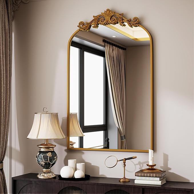 VooBang Vintage Arched Bathroom Mirror, 24x36 Inch Retro Wall Mounted Vanity Mirror with Carved Pattern Top and Metal Frame, Gold Decorative Mirror for Hanging or Leaning