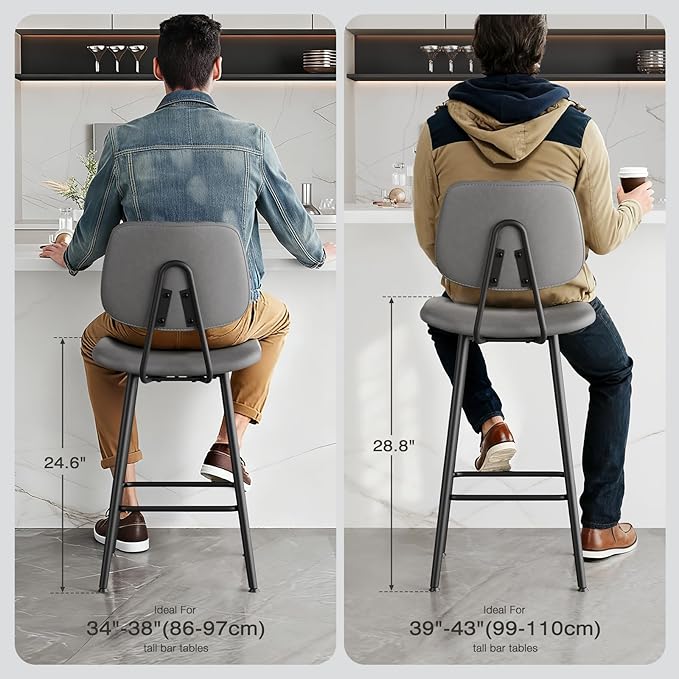 29-Inch Leather Bar Stools Set of 2, Counter Height Barstools with High Backrest，Bar Chairs for Kitchen Island with Heavy Duty Metal Base, Gray