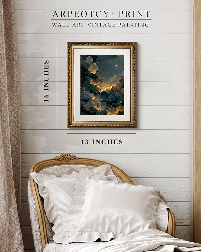 ARPEOTCY Vintage Gold Framed Wall Art Decor, 13x16 Inch Dreamy Sky and Golden Clouds Print, Celestial Canvas Wall Art for Living Room, Bedroom, or Study