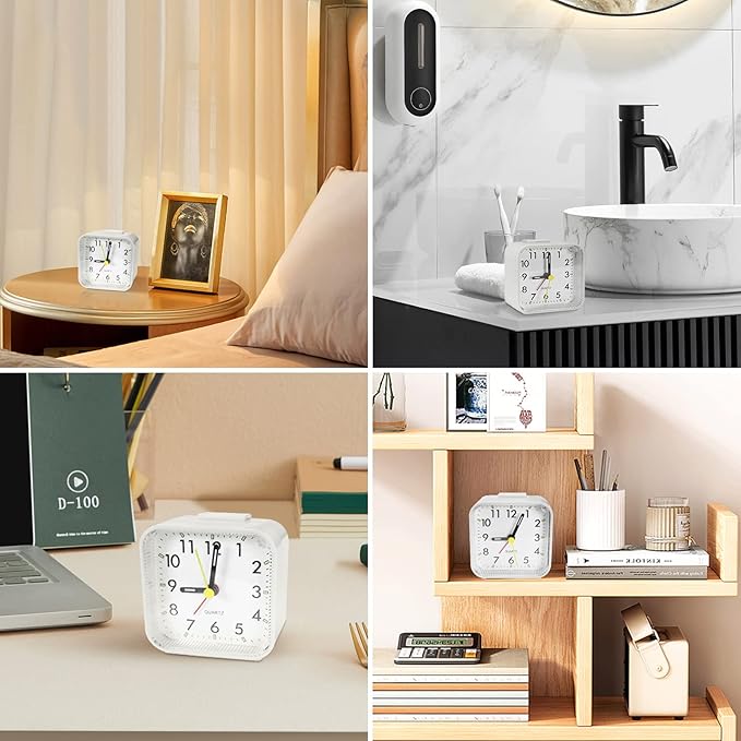 Small White Kids Desk Battery Alarm Clock, Analog Travel Clock, Quieter Bedside Clocks for Bedrooms Bathroom Living Room Kitchen Shelf