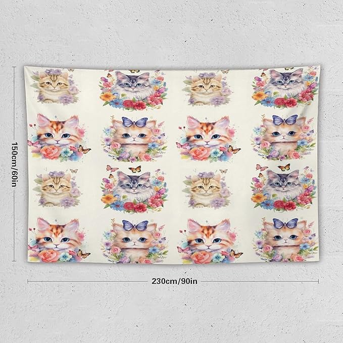 VUMIVI Watercolor Flower Cat Tapestry Colorful Cartoon Cute Animals Butterflies Abstract Art Print Tapestry Wall Hanging for Living Room Bedroom Dorm Classroom Aesthetic Decor W90xL60in