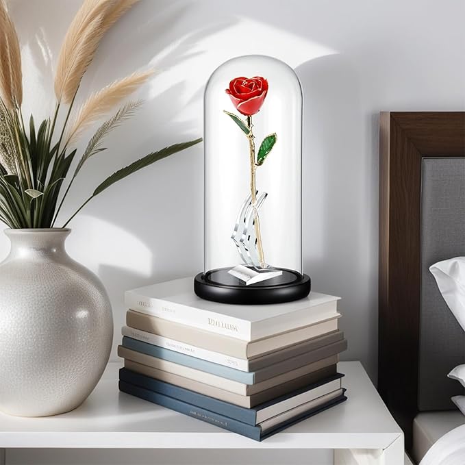 12"Hx 5.5"D Glass Display Dome Cloche with Wood Base, Cloche Bell Jar for Gold Dipped Rose, Antique Collectibles,Figurine, DIY Snow Globes, Plant