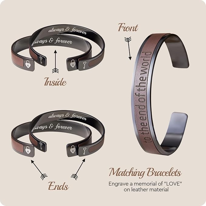 AW BRIDAL Anniversary Engagement Gifts Valentines Day Gifts, Unique Wedding Gift for Couple Matching Couple Bracelets Stainless Steel & Leather Cuff Bracelets for Women/Men, Brown
